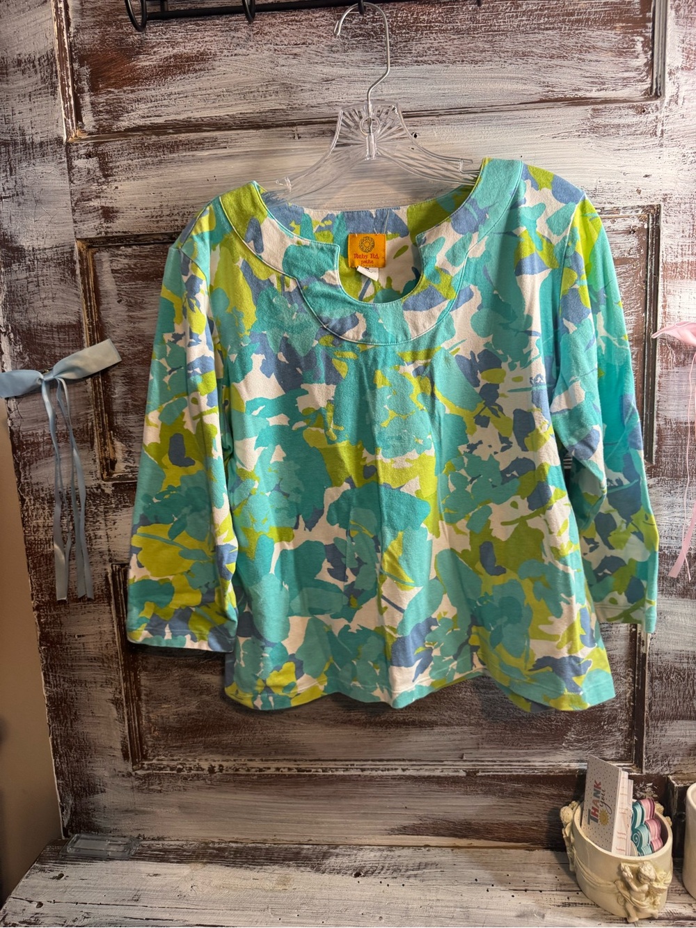 Ruby Rd. Turquoise, Lime & White Abstract Floral Top